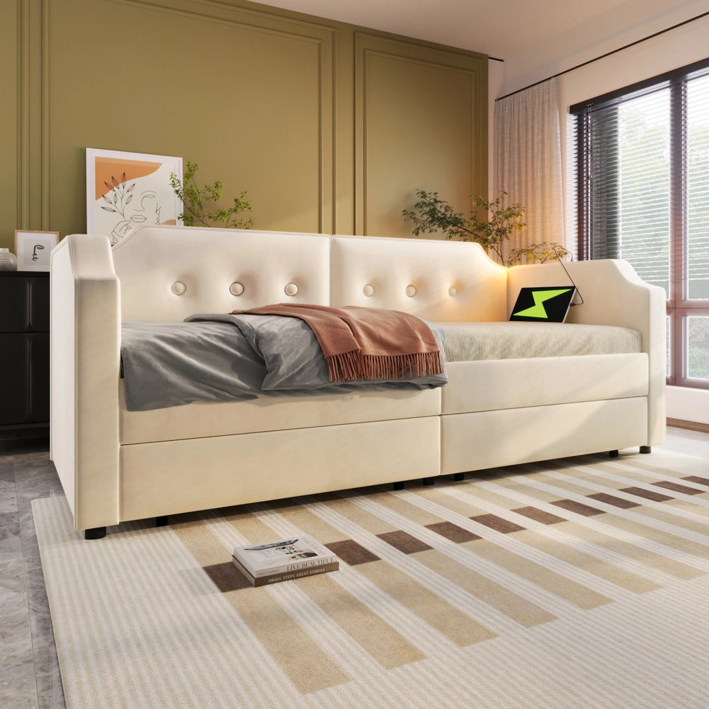 Letto singolo imbottito 90x200 beige con USB-C e cassetti
