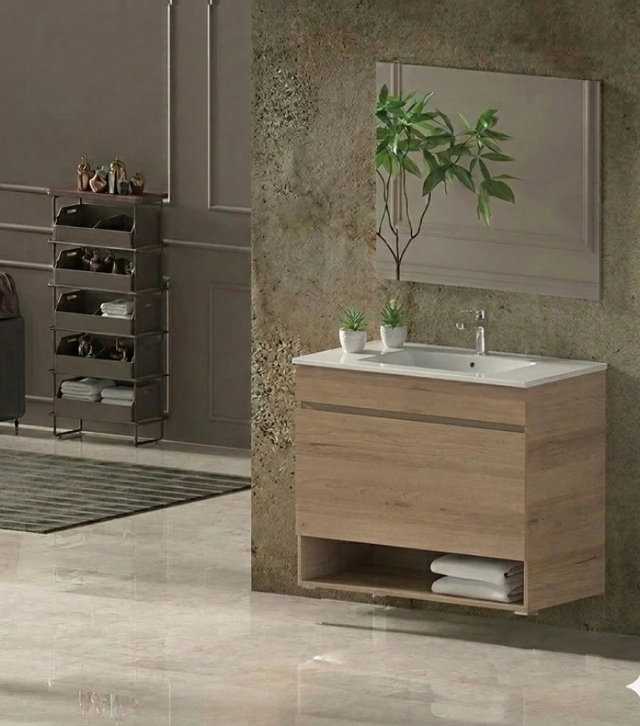 Mobile Bagno NEBARI Già Montato 1 cassetto, lavabo e specchio Estepa 70x45 cm