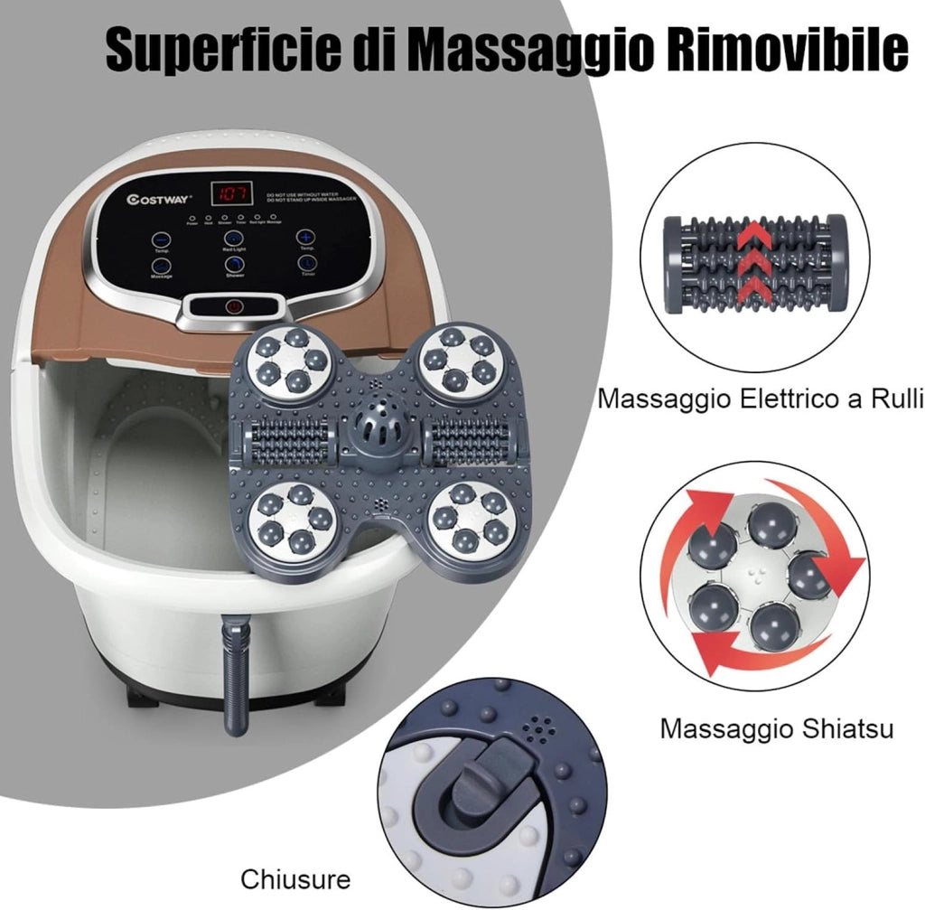 Idromassaggio per Piedi, Pediluvio Massaggiatore Plantare Massaggio Shiatsu, con Funzione Calore Timer e Rulli Luce a Infrarossi, Idromassaggiatore 15L (Marrone)