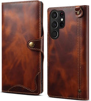 Hoes in Pelle Luxe 100% Echt per Rundleer – Adatto per Samsung Galaxy S24 Ultra – Cassetta Portafoglio in Pelle Vintage con Fodere per Carte e Protezione per il Telefono