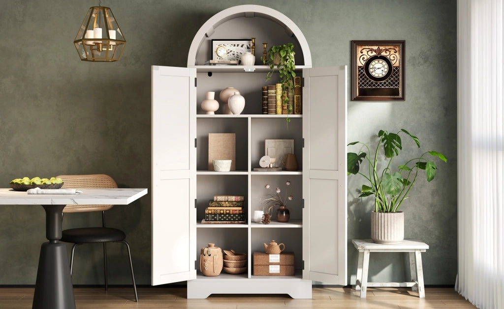 Armadio alto ad arco 75x35x170 cm in MDF bianco; con ripiani regolabili e vano aperto