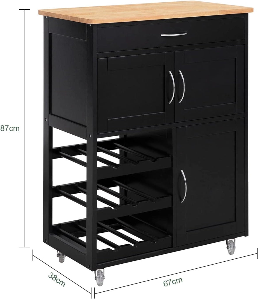 Carrello Cucina con Ruote, Isola Cucina Mobile con Cassetto e Portabottiglie, Mobiletto Salvaspazio con Piano in Legno di Gomma, Cucina da Esterno Credenza Nero 67 x 38 x 87 cm FKW45-SCH