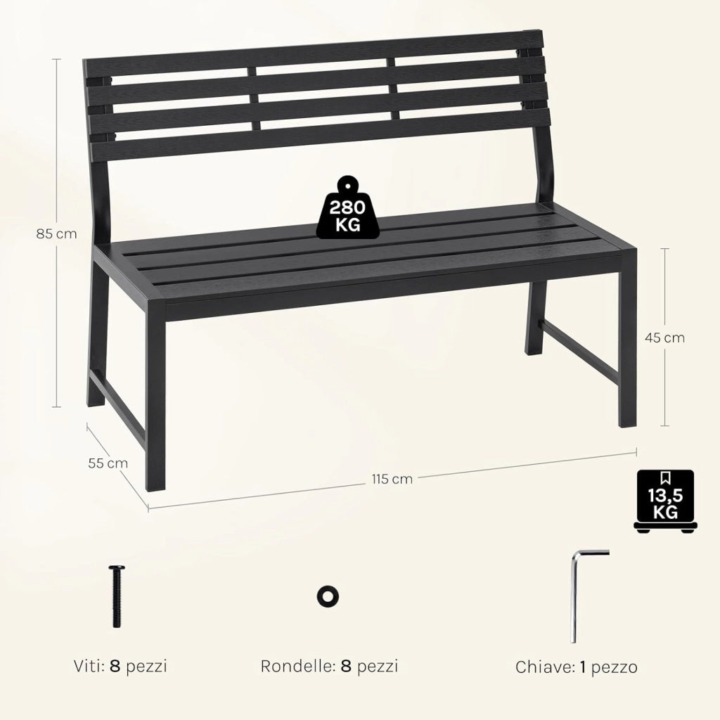Panca da Giardino 115x55x85 cm, Panchina da Esterno con Schienale Senza Braccioli, 2-3 Posti, Struttura in Metallo, Resistente alle Intemperie, Portata 280 kg, per Cortile, Terrazza, Prato, Nero