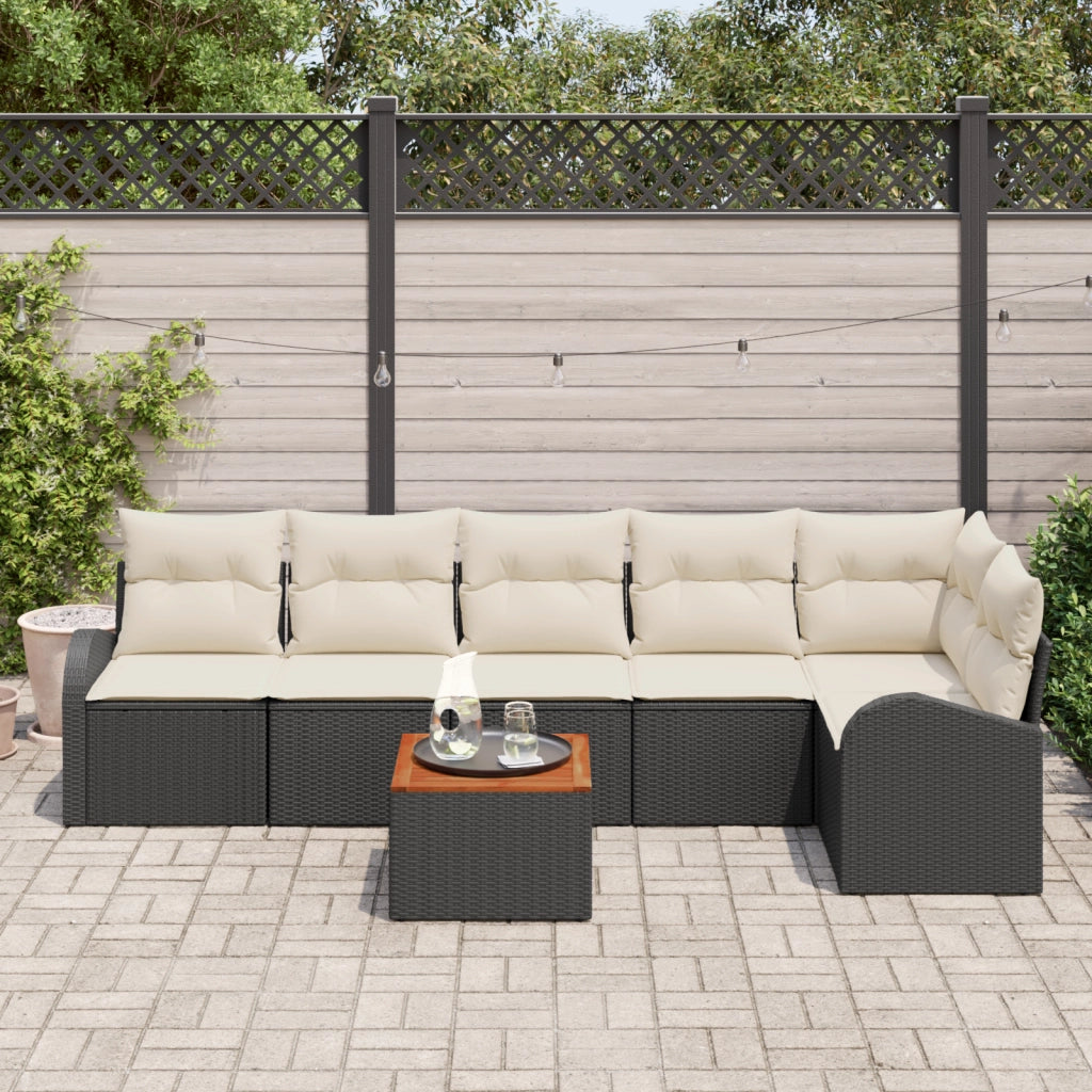 Set divano da giardino 7 pezzi con cuscini neri in rattan polipropilene e acacia