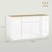Credenza da Cucina Moderna con Cassetto e 3 Armadietti con Ripiani Regolabili, 140x40x75 cm, Bianco