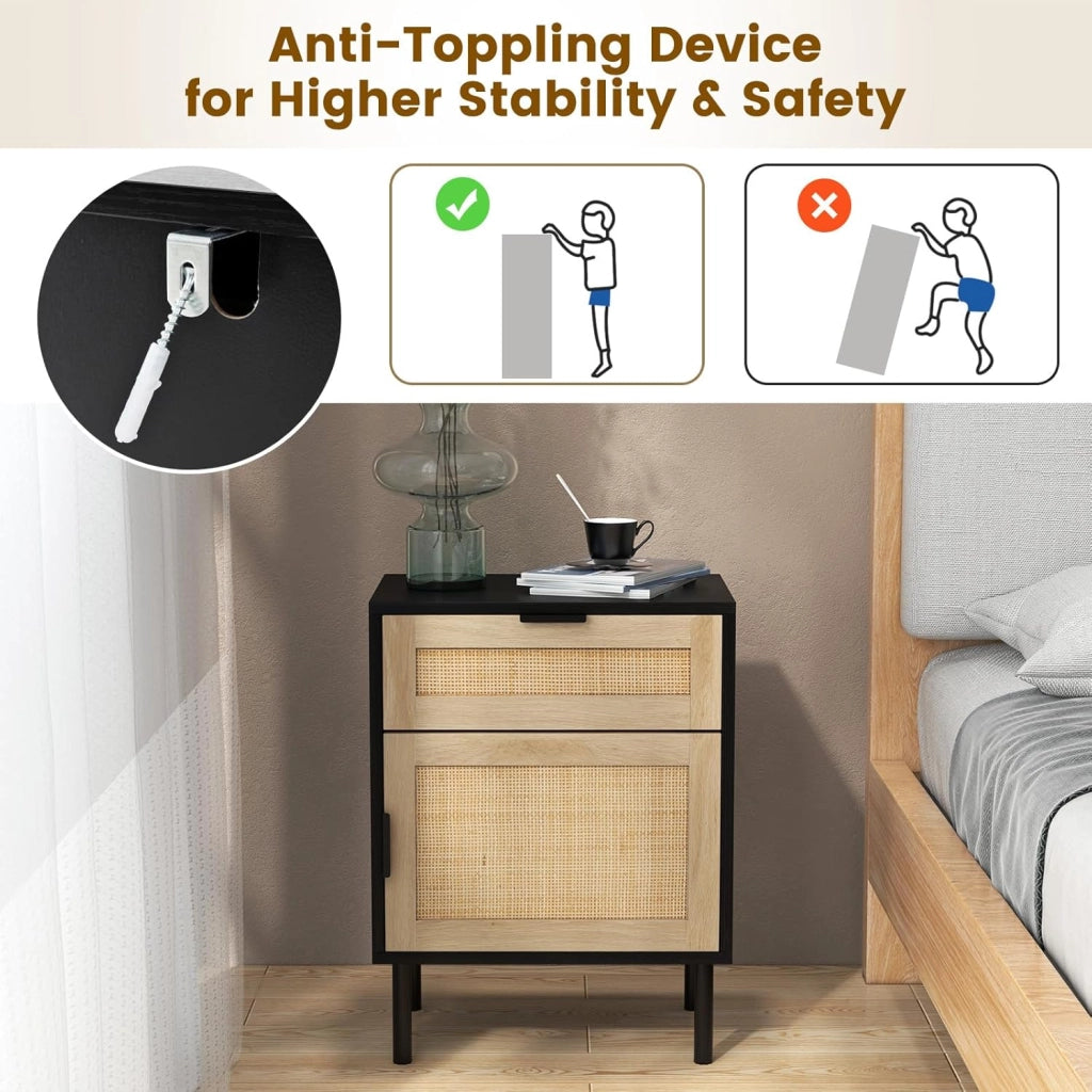 Confezione da 2 Comodini Moderni, Tavolino in Rattan con Cassetto e Armadietto, Gambe in Metallo Robusto, Tavolino di Metà Secolo per Soggiorno, Camera da Letto, Ufficio (Nero)