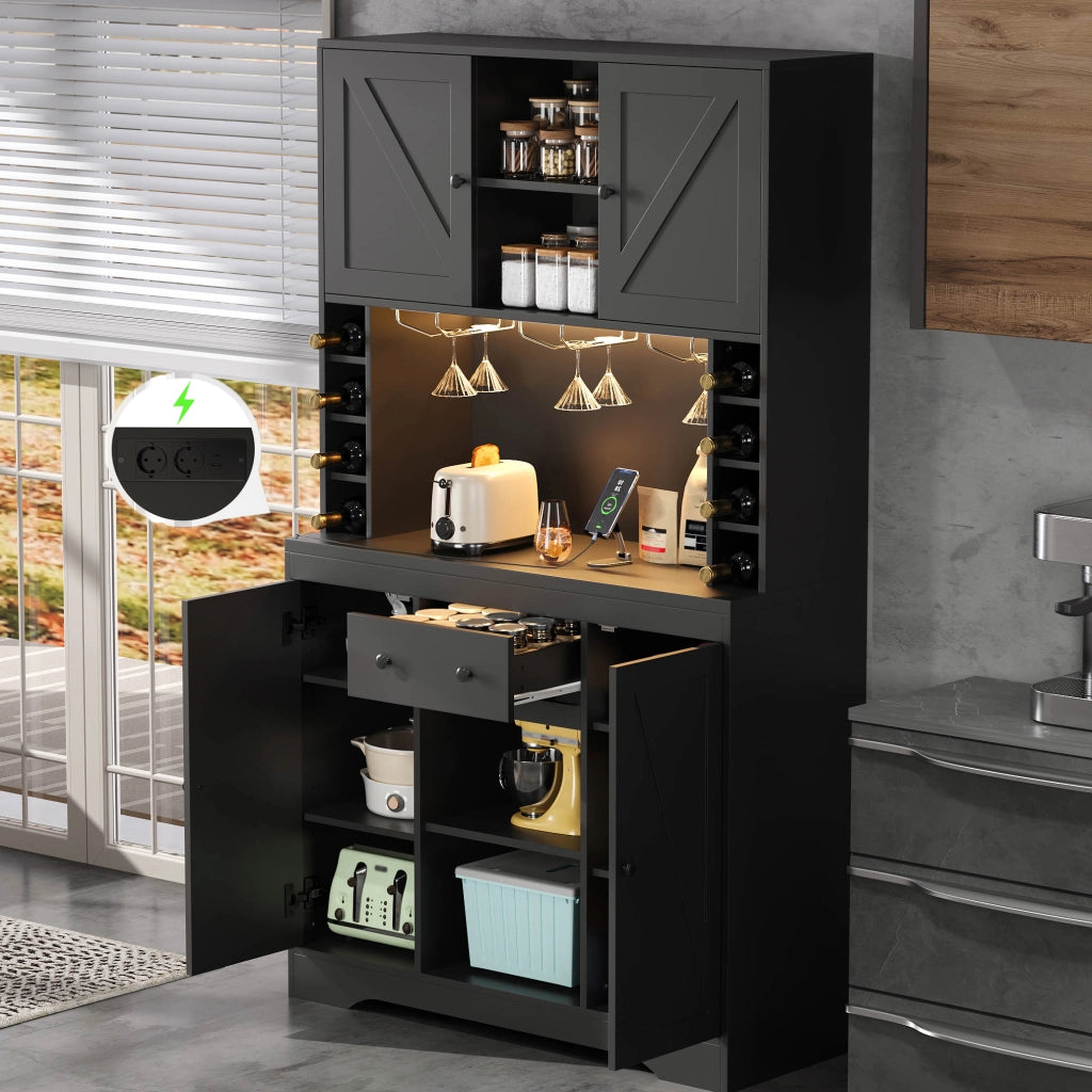 Credenza buffet con ripiani regolabili, cassetto, luci LED e prese, cucina e soggiorno, nero 180 × 105 × 40 cm