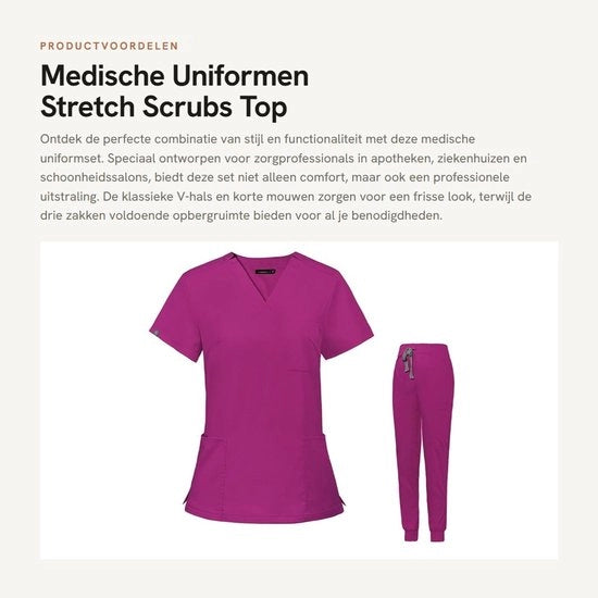 Vestito di pulizia professionale con collo V - Camicia corta a manica - 3 tasche - Pantalone yoga aderente - Impermeabile - Tela leggera e allungata - Abbigliamento medico