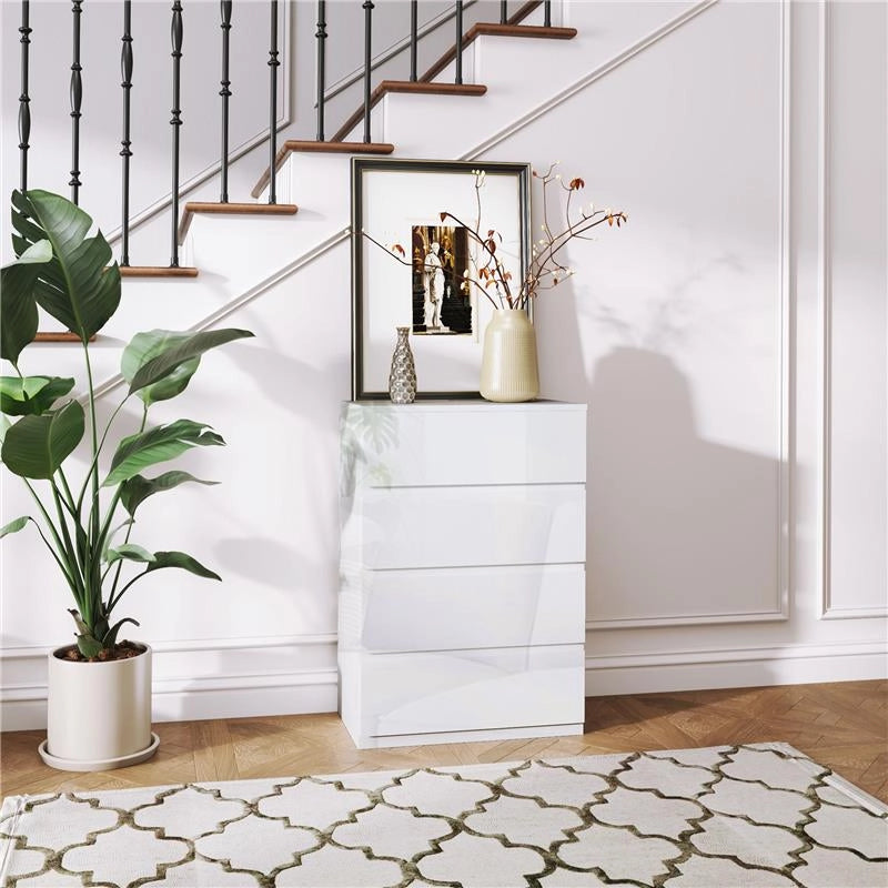 CASSETTIERA MODERNA 4 CASSETTI ANTIRIBALTAMENTO IN LEGNO, 55X33X80 CM, BIANCO LUCIDO