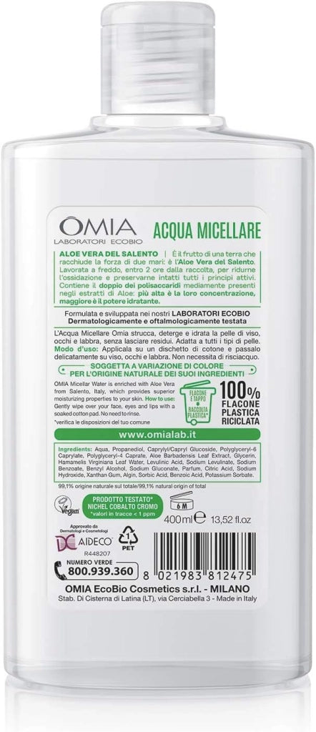 OMIA ACQUA MICELLARE VISO ALOE VERA STRUCCANTE IDRATANTE ED EQUILIBRANTE TUTTI I TIPI DI PELLE 400 ML