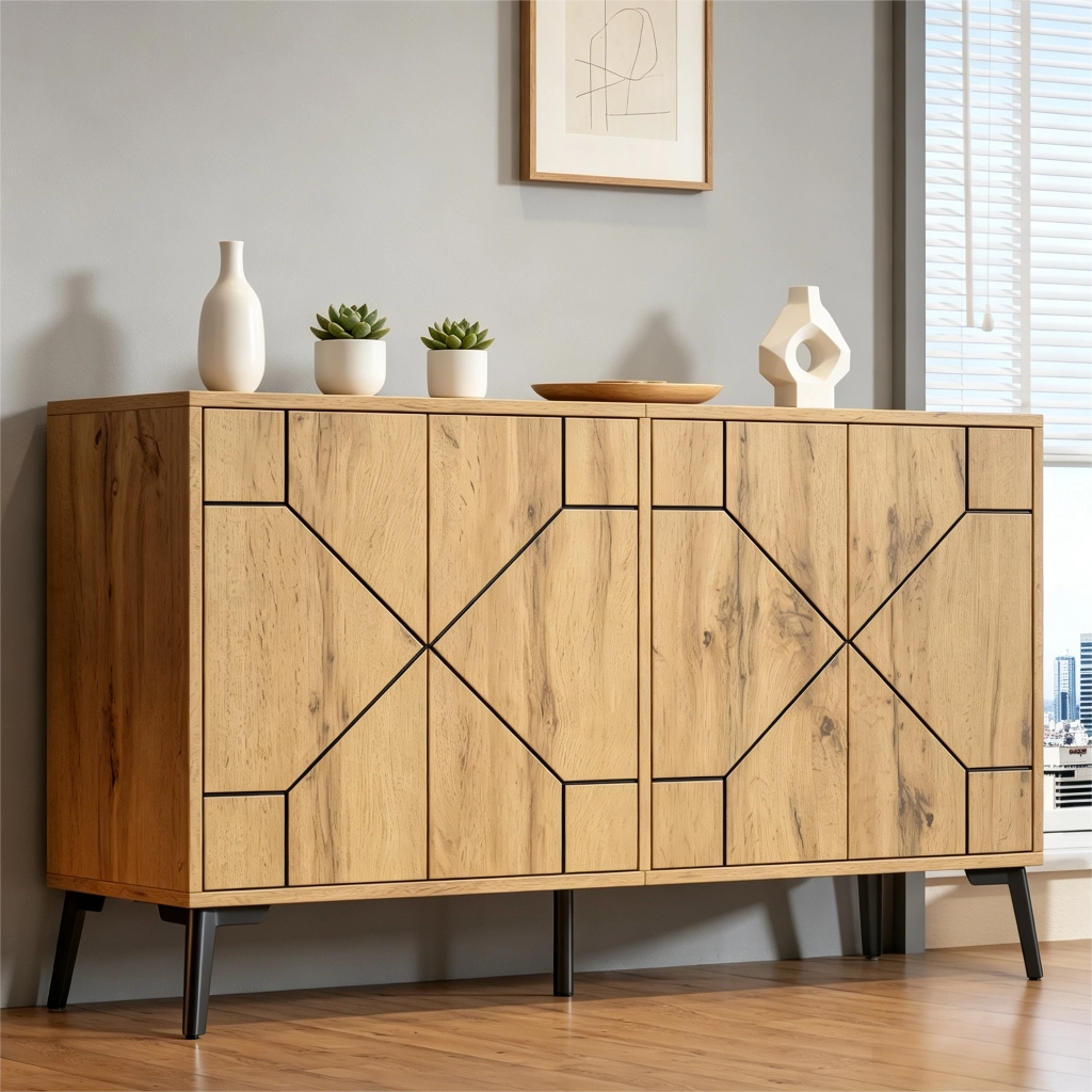 Credenza moderna 120x35x69 cm con 4 ante, 4 scomparti interni, struttura in MDF e gambe in metallo, finitura effetto legno naturale