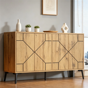 Credenza moderna 120x35x69 cm con 4 ante, 4 scomparti interni, struttura in MDF e gambe in metallo, finitura effetto legno naturale