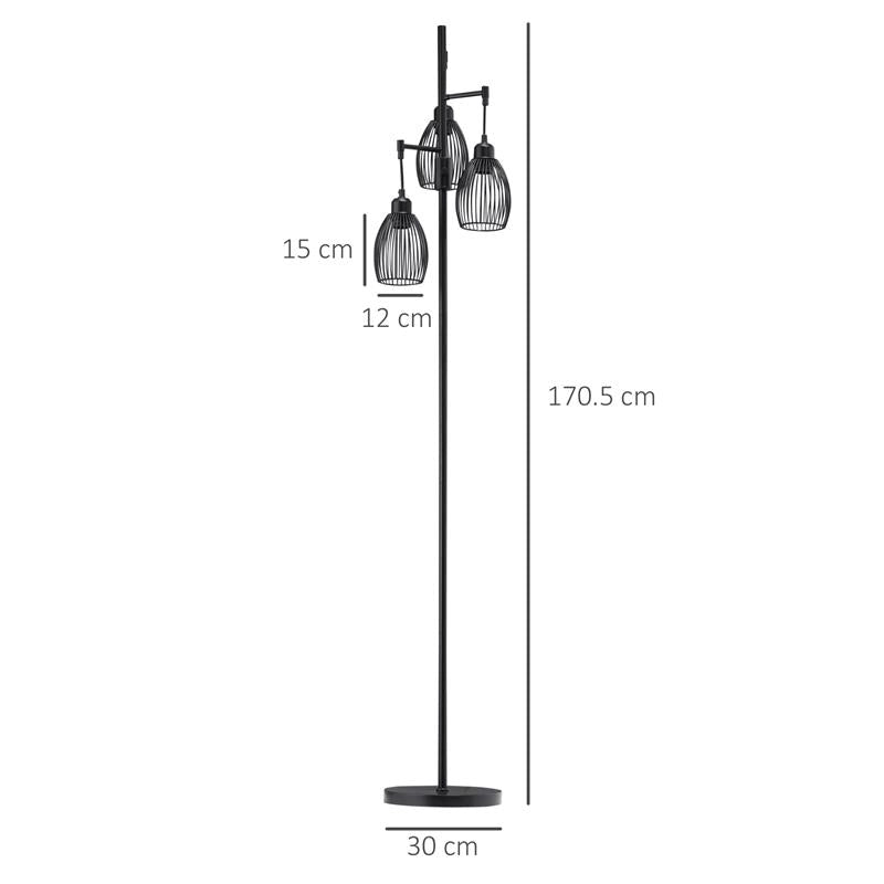 LAMPADA DA TERRA INDUSTRIALE CON 3 PARALUMI E INTENSITÓ REGOLABILE, IN ACCIAIO, 30X30X170.5 CM, NERO