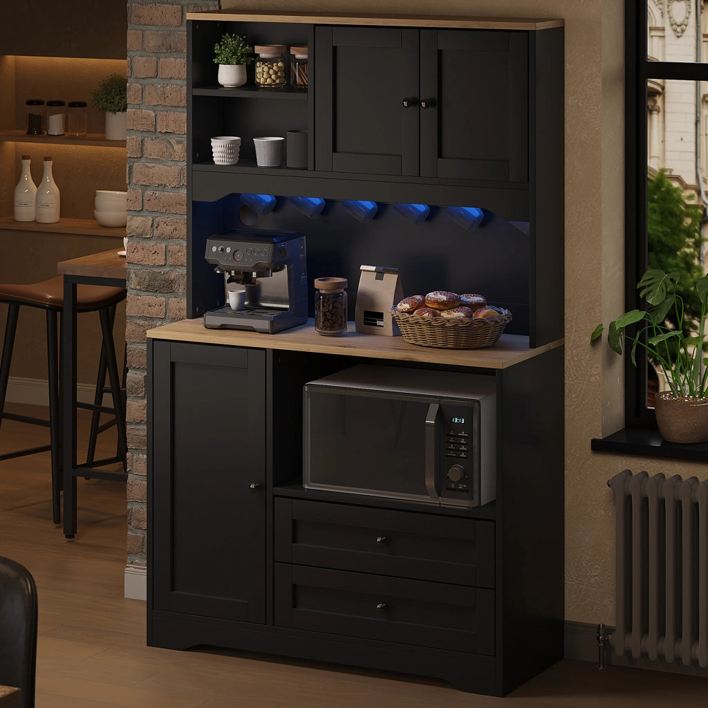 Mobile Dispensa 100x40x163 cm Nero con LED App, Vano Microonde, 2 Prese, 2 USB e 2 Cassetti