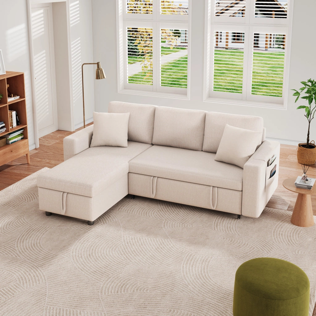 Divano letto angolare reversibile con contenitore e tasche laterali - in lino beige