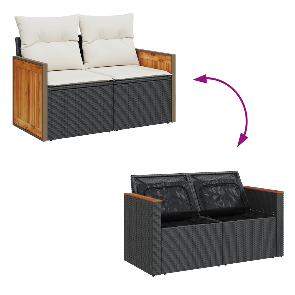 Set da Giardino da 12 Pezzi con Cuscini Neri in Polyrattan e Acacia