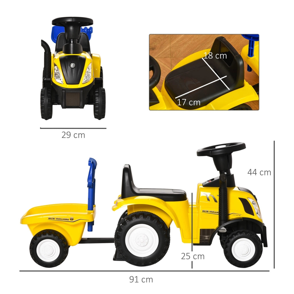 EasyComfort Trattore Giocattolo per Bambini Cavalcabile con Rimorchio, Rastrello e Pala, Gioco Educativo per Bimbi 12-36 Mesi, 91x29x44cm, Giallo