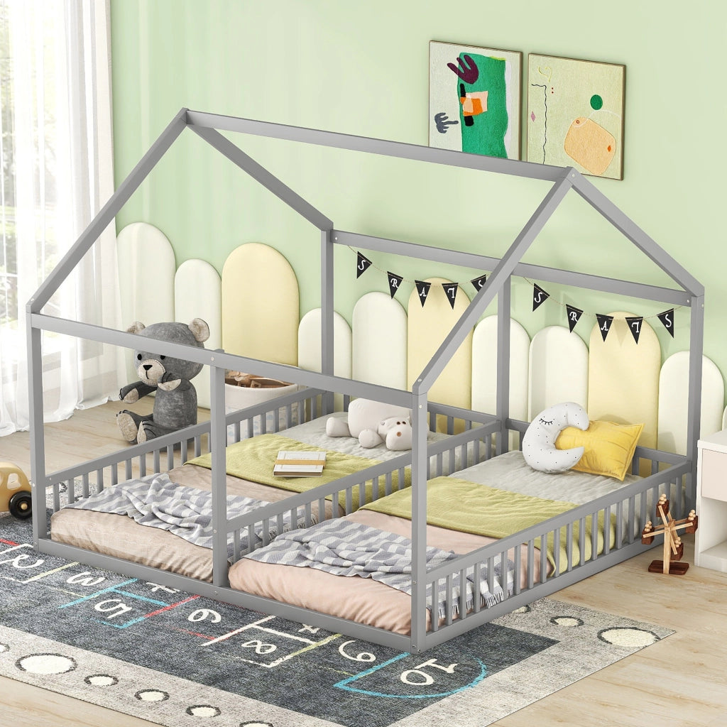 Letto a castello grigio in pino con funzione 2 in 1 90x200 cm