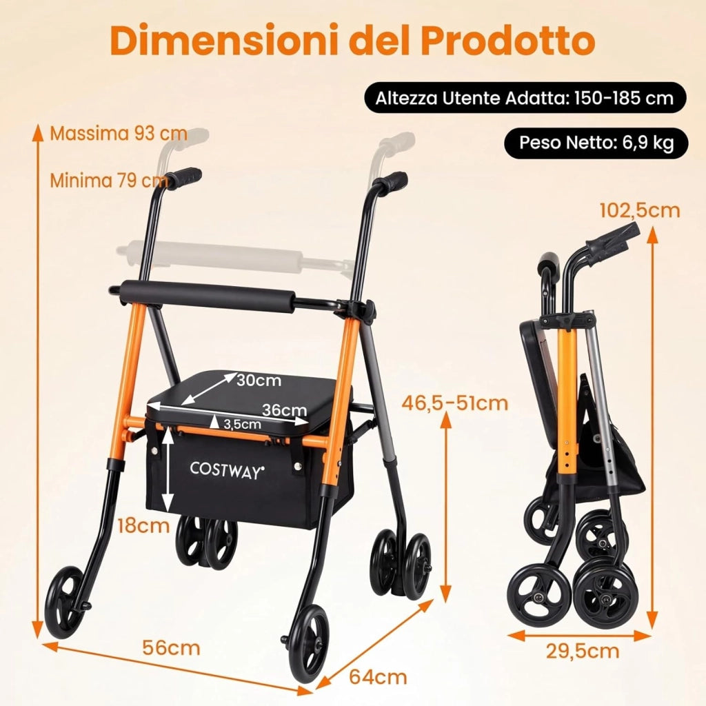 Deambulatore per Anziani Pieghevole, 2 in 1 Girello con Seduta a 3 Livelli, Sacchetti Portaoggetti e Impugnatura Ergonomica, Rollator Deambulatore Portatile per Intreno ed Esterno