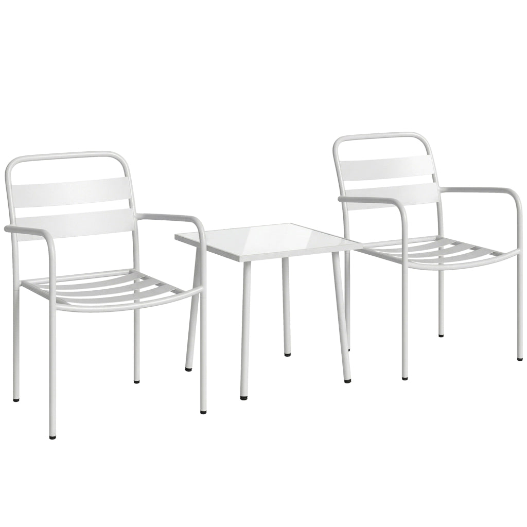 Set 3 Pezzi Bistrò Tavolino 50x50x50 cm in Vetro e 2 Sedie a Doghe in Acciaio Bianco
