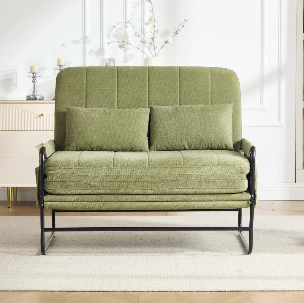 Divano letto a 2 posti convertibile in chenille verde oliva con struttura in metallo; 104x85x92 cm