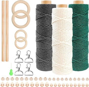 Kit di corda macramé a 3 rotoli 2mm x 60m - cotone naturale - anelli di legno - stecchi - decorazioni per artigianato DIY - beige, verde, grigio
