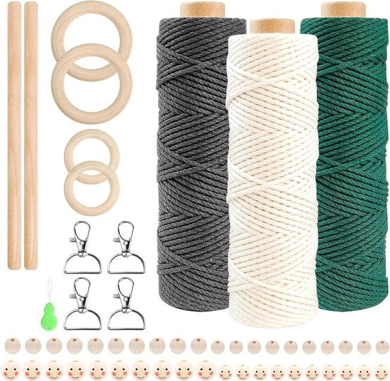 Kit di corda macramé a 3 rotoli 2mm x 60m - cotone naturale - anelli di legno - stecchi - decorazioni per artigianato DIY - beige, verde, grigio