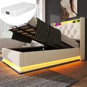 Letto singolo 90x200 cm in PU bianco con LED 360°, USB e contenitore, con materasso