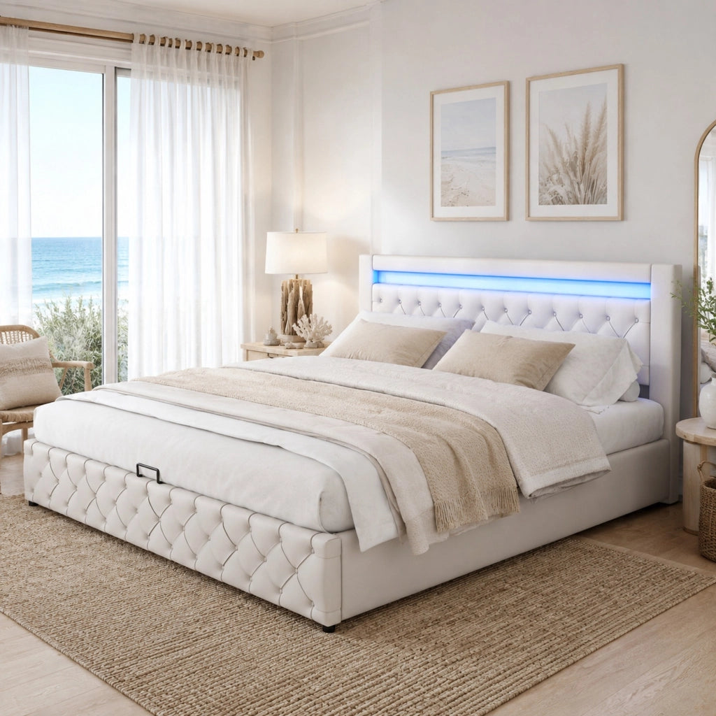 Letto imbottito 180x200 cm con rete a doghe, contenitore e LED