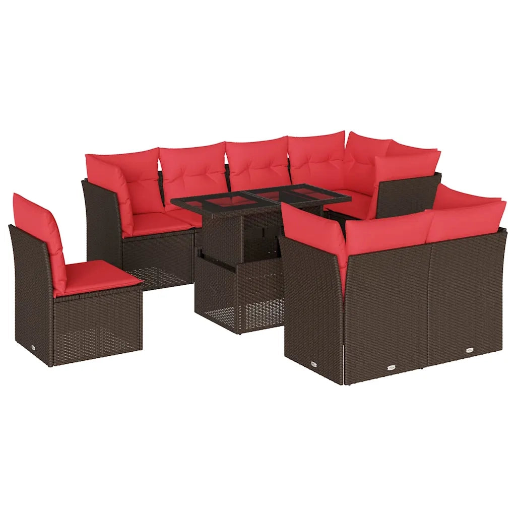 Set Divani da Giardino 9 pz con Cuscini Marrone in Polyrattan 3266734