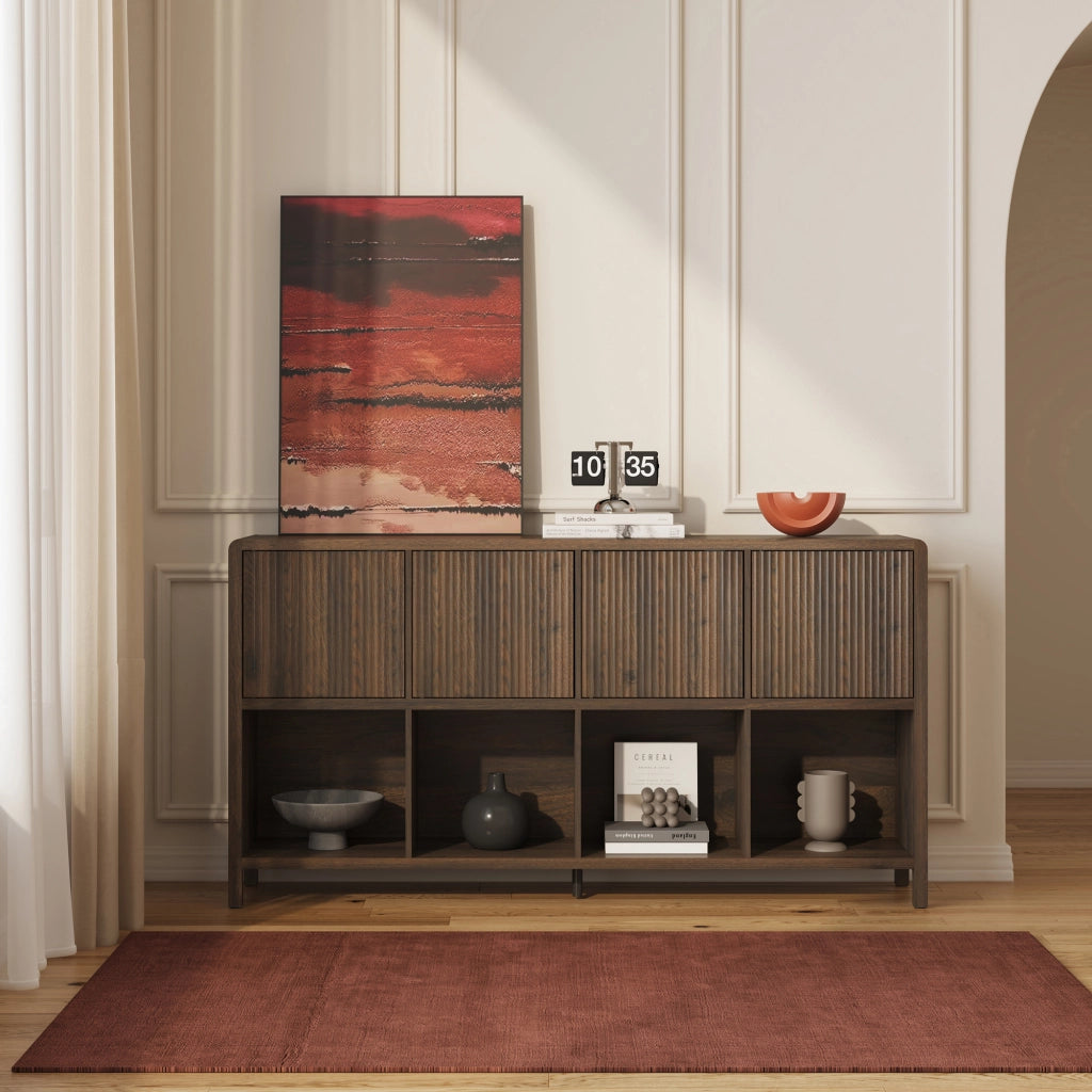 Credenza Bassa Lukkodso con 4 Ante e Scomparti Aperti 77x145x30 cm Effetto Noce [en.casa]