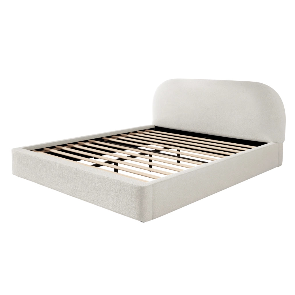 Letto matrimoniale imbottito in bouclé beige con rete a doghe