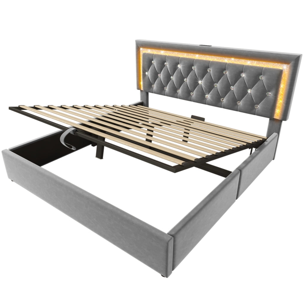 Letto matrimoniale 160x200 cm in velluto grigio con LED; USB e USB-C; contenitore idraulico