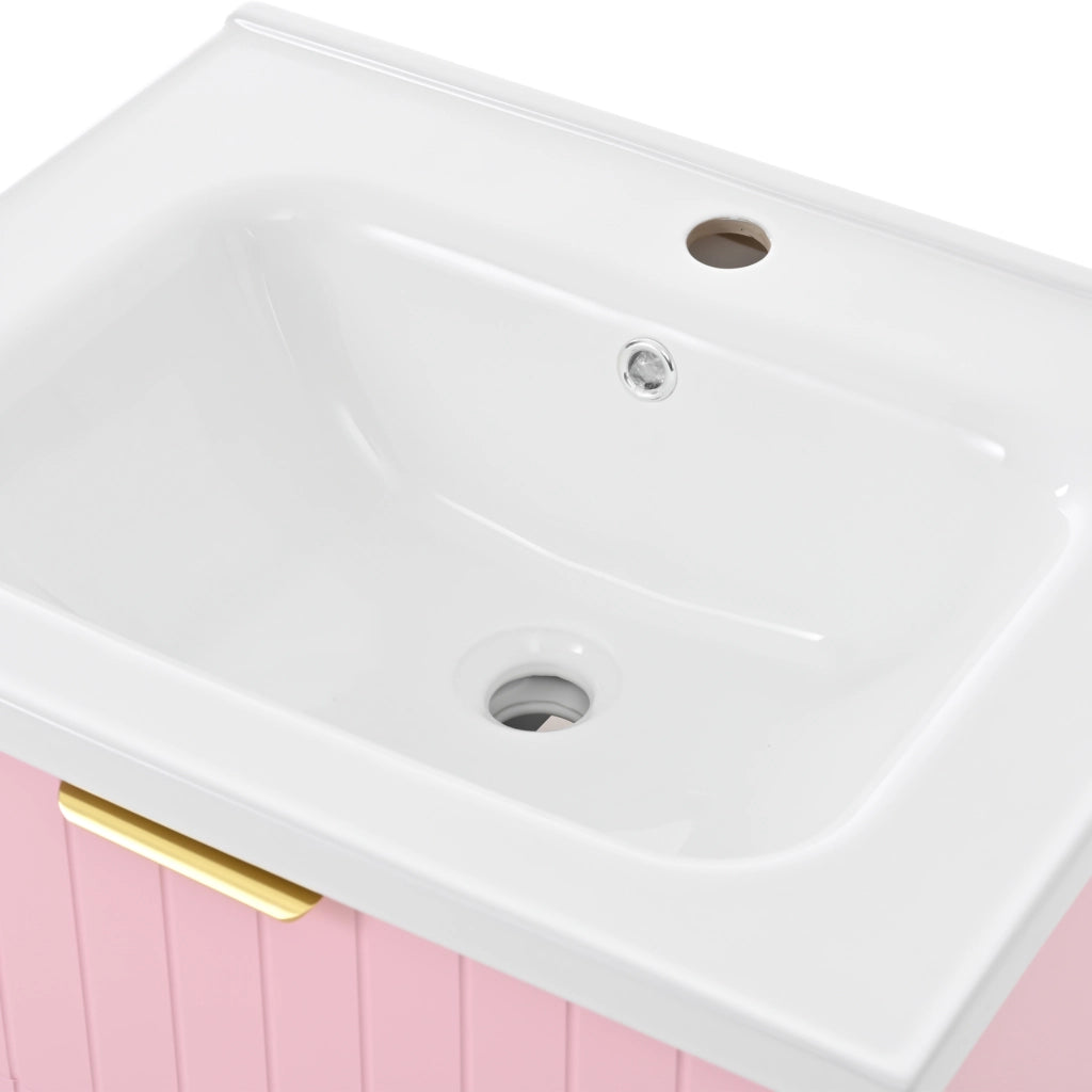 Mobile bagno sospeso con lavabo in ceramica; doppio ripiano; MDF rosa e bianco; 60;5 cm