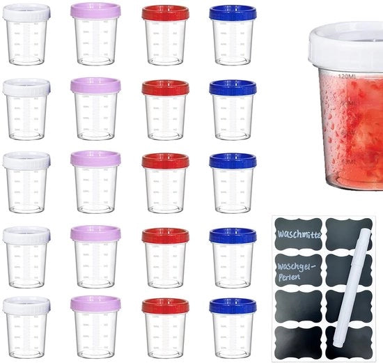 20 confezioni di contenitori per congelare, 120 ml, con coperchio, piccole confezioni con coperchio in plastica, con etichetta bianca, contenitori per congelare rotondi, scatole per congelare, piccole scatole di approvvigionamento con scala di misura.