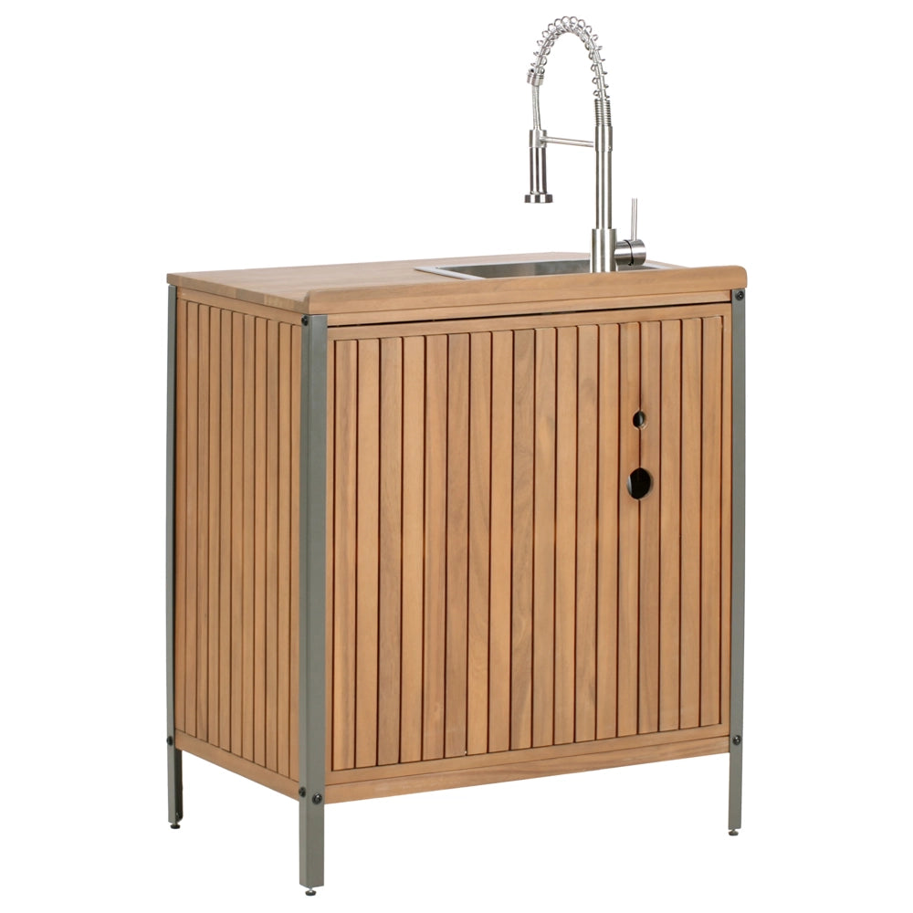 Mobile da giardino in legno di acacia a 2 ante e 2 ripiani con lavello e rubinetto 50 x 80 x 92 cm Piano in legno massiccio Marrone Giardino Cucina Pranzo