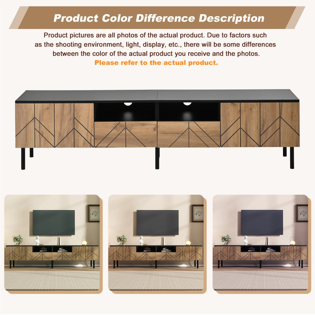 Mobile porta TV moderno con 2 cassetti e 2 ante, per soggiorno, in truciolato, nero e effetto legno, 180 × 40 × 45 cm
