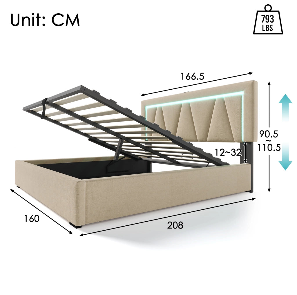 Letto matrimoniale imbottito 160x200 cm in lino beige con LED; USB e contenitore