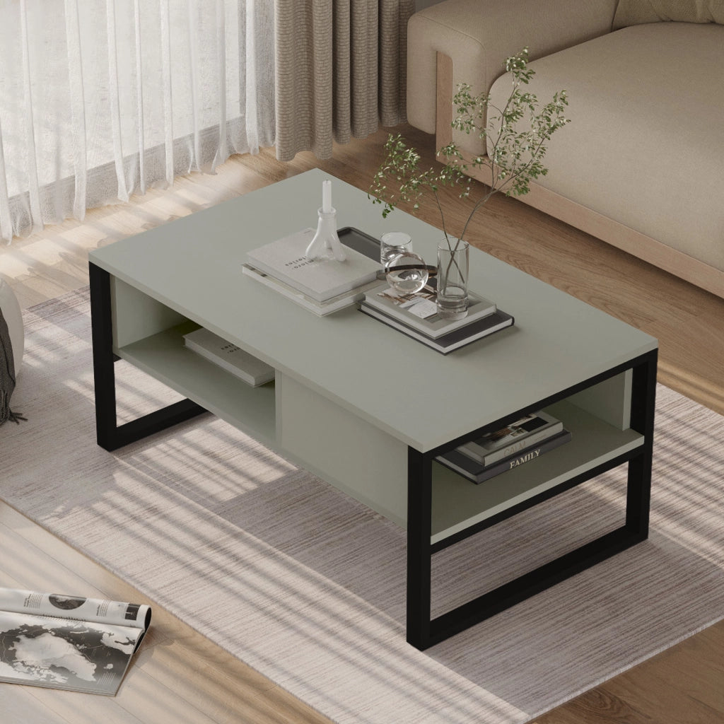 Tavolino Centrale da Salotto Laukaa con Scomparti 45 x 100 x 60 cm Verde Grigiastro/Nero [en.casa]