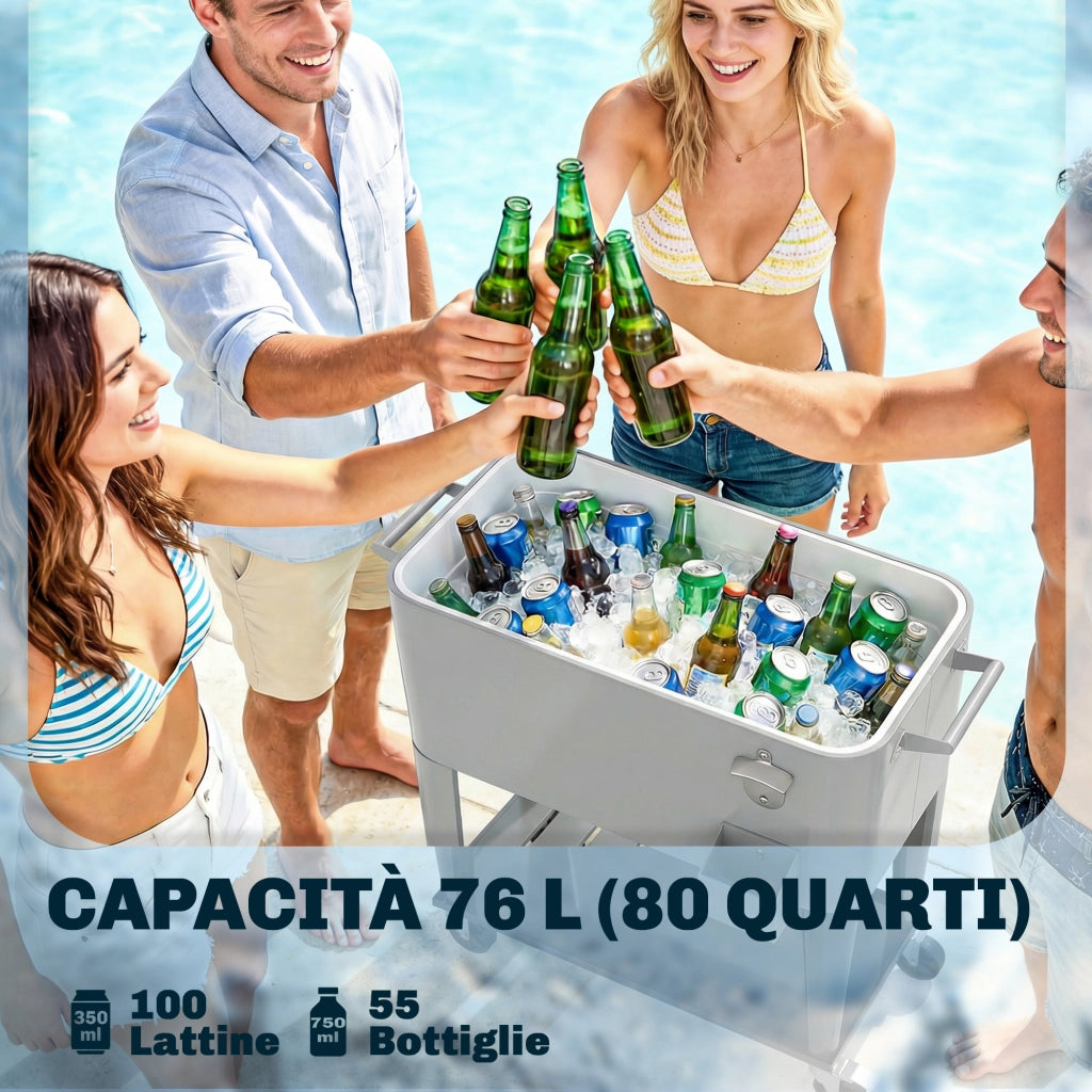 Frigo Portatile 92x39x81 cm Capacità 76 L con Ruote e Apribottiglie in Plastica e Metallo Argento