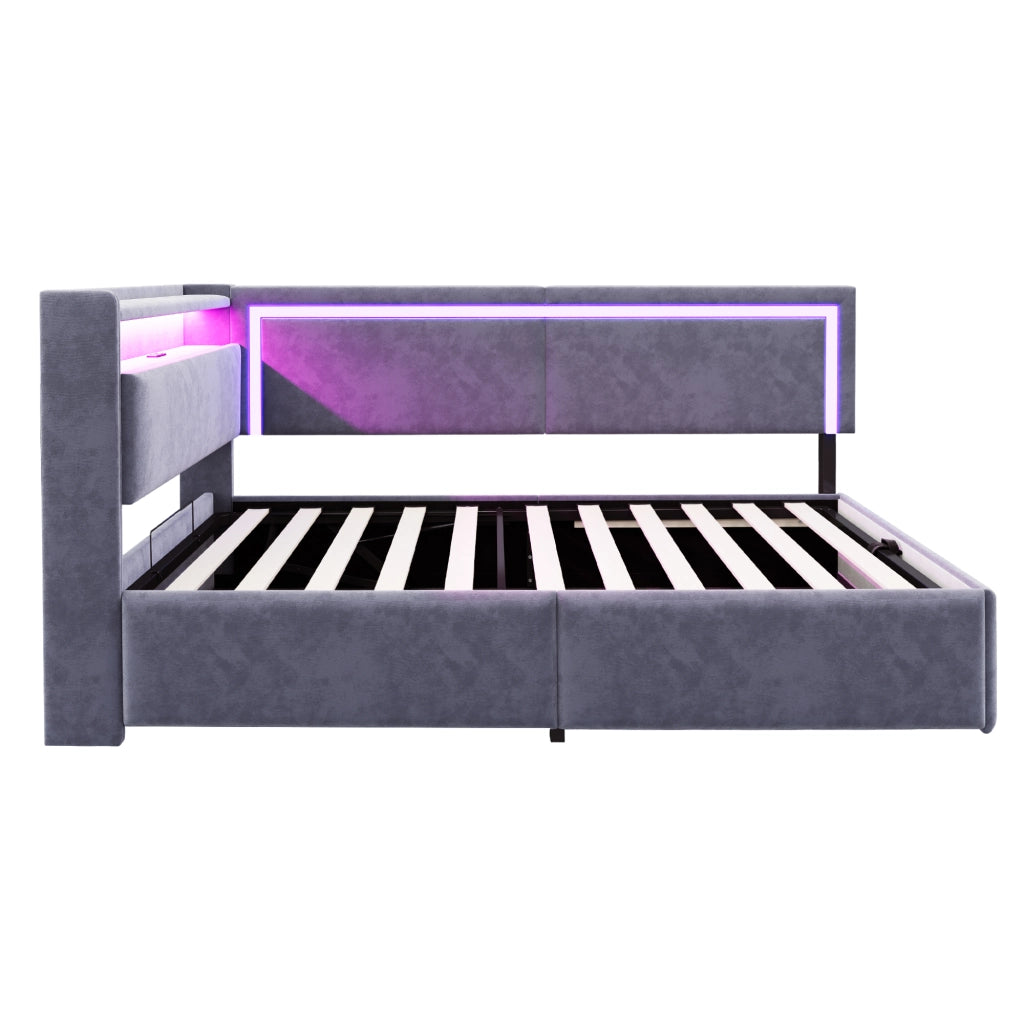 Divano letto imbottito con contenitore, testiera con ripiani, LED e USB, rete a doghe, in velluto grigio 90 × 200 cm