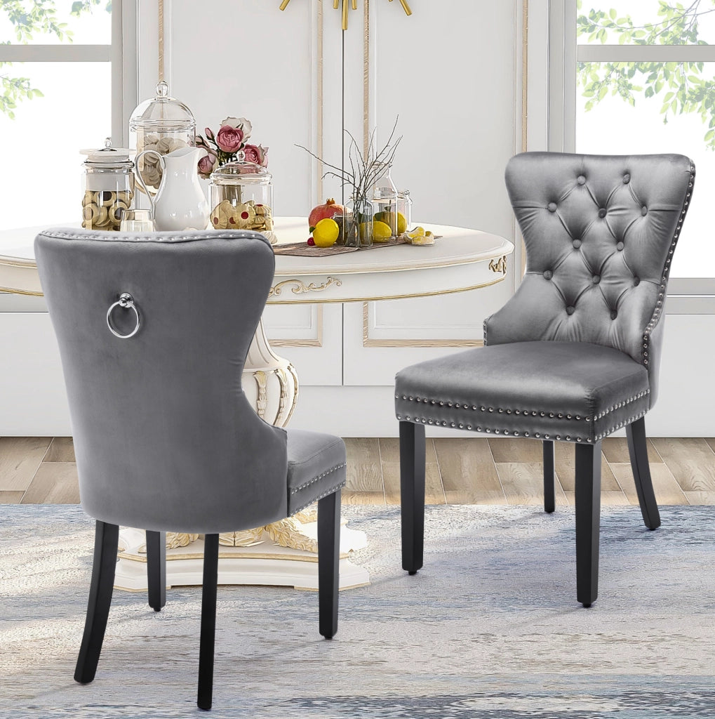 Set di 4 sedie da pranzo imbottite con schienale curvo; in velluto grigio