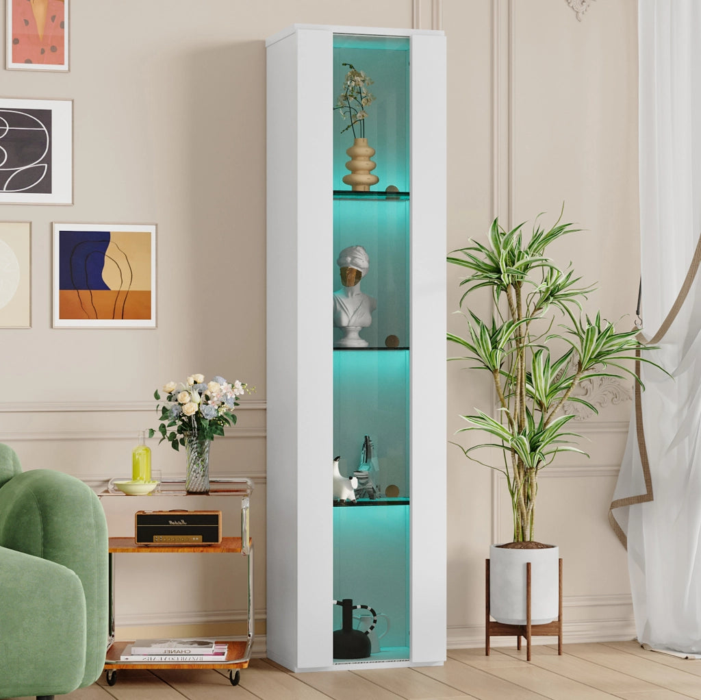Vetrina multifunzione 40x29x170 cm con 4 ripiani; luce LED multicolore APP e vetro; bianca
