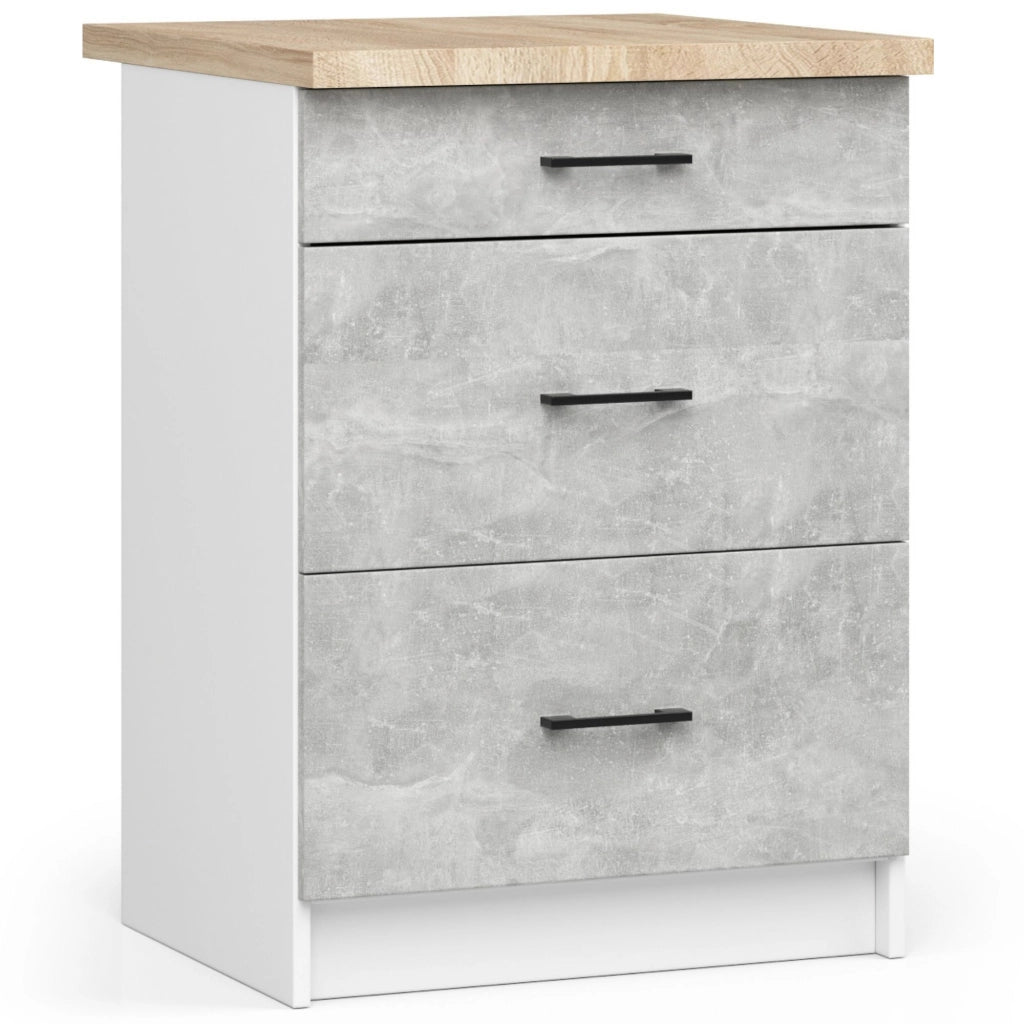 Mobile cucina modulare con piano di lavoro AKORD OLIWIA Bianco 60 cm 3 cassetti inserto frontale Cemento 60x46x85 cm