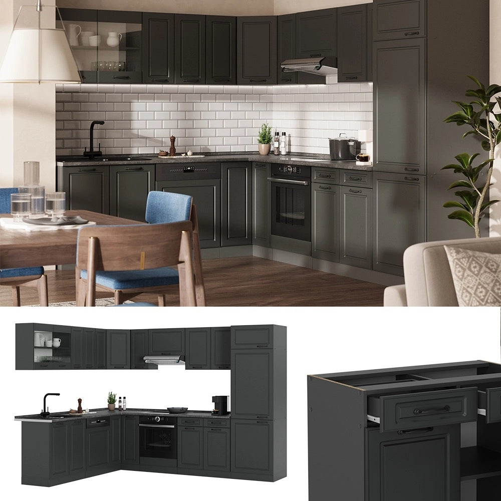 Cucina angolare completa R-Line Antracite rustico/Antracite 287 x 227 cm, PL Rovere Vicco