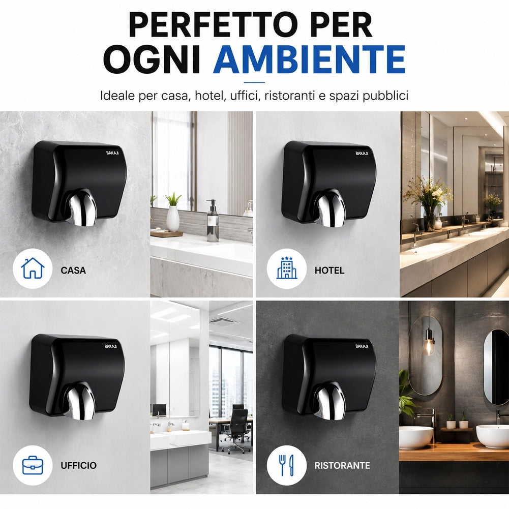 Asciugamani Elettrico Nero da Hotel Aria Calda a Parete 2300W con Fotocellula