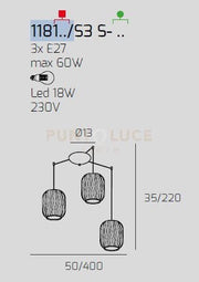 SOSPENSIONE BIANCO 3 LUCI SPOSTABILE VETRI AM + VE + BL 1181BI-S3 S-MC
