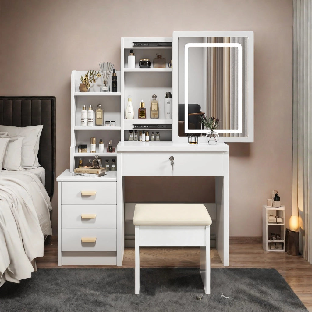 TOELETTA con specchio LED e sgabello, 4 cassetti, bianco