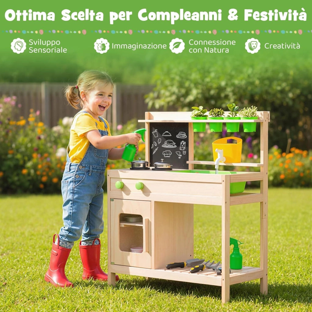 Cucina Giocattolo in Legno Massello, Cucina da Gioco con Rubinetto e Fioriera Removibile, Gioco Imitazione Fango e Giardinaggio all'Aperto, per Bambini 3+ Anni, 73 x 36 x 92 cm