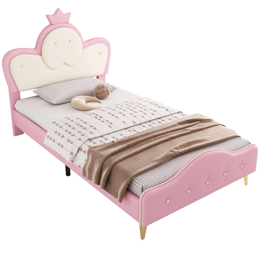 Letto singolo 90x200 cm con LED; testiera ondulata e corona; PU bianco e rosa